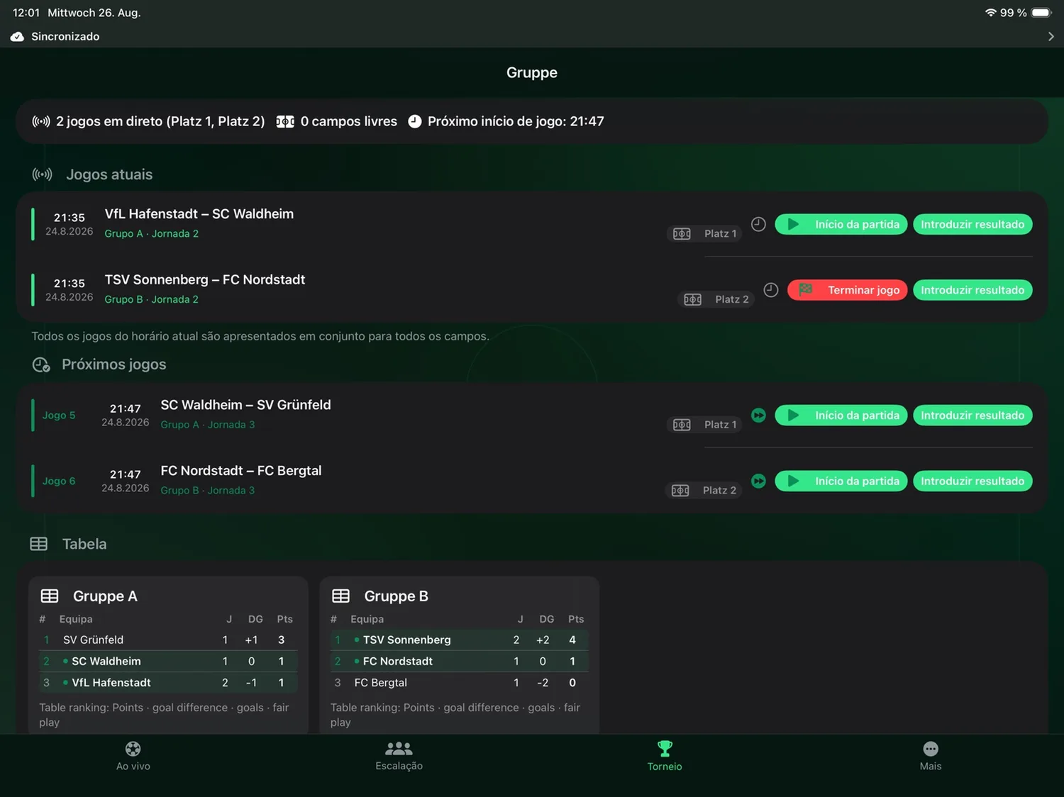 Torneio em direto no iPad